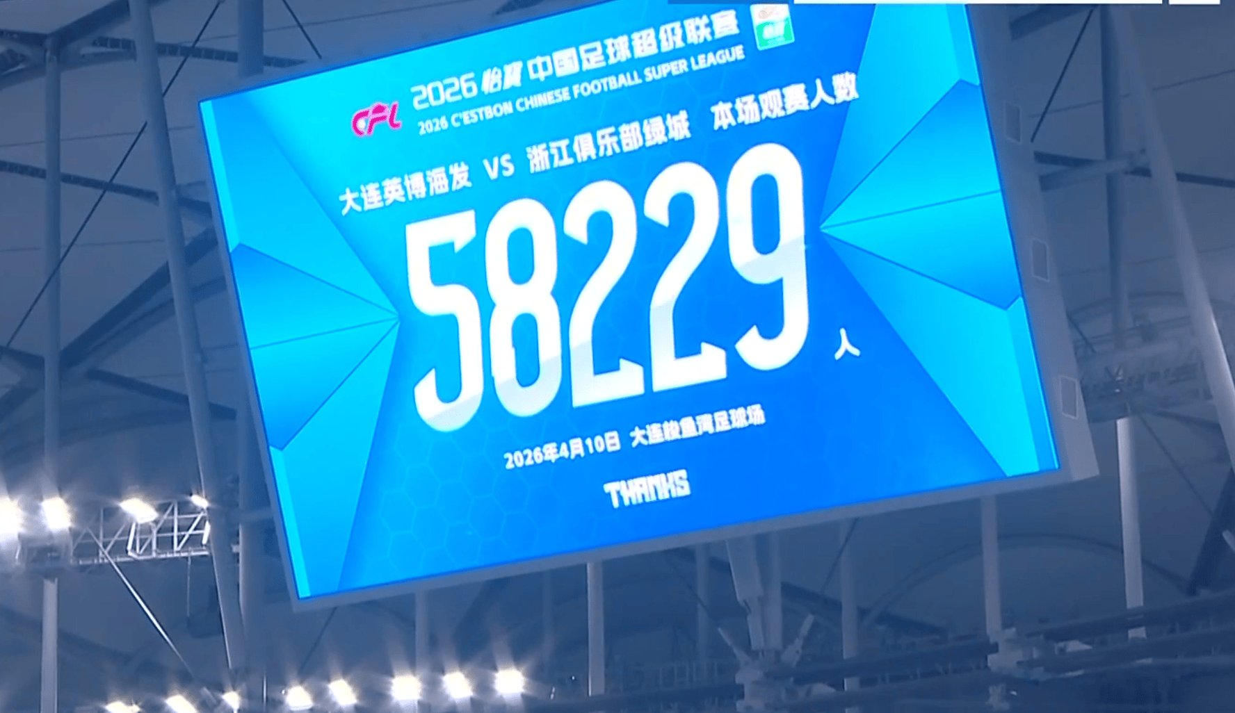官方：大连英博VS浙江队现场观众人数58229人