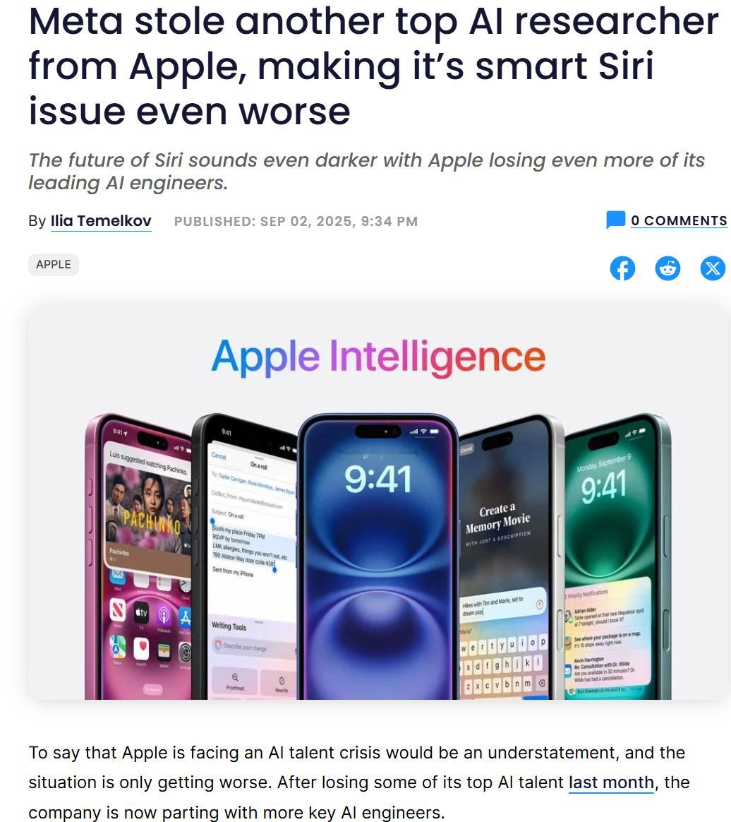 苹果的 AI 团队，最近有点“失血过快”。最新出走的是机器人研究负责人 Jian