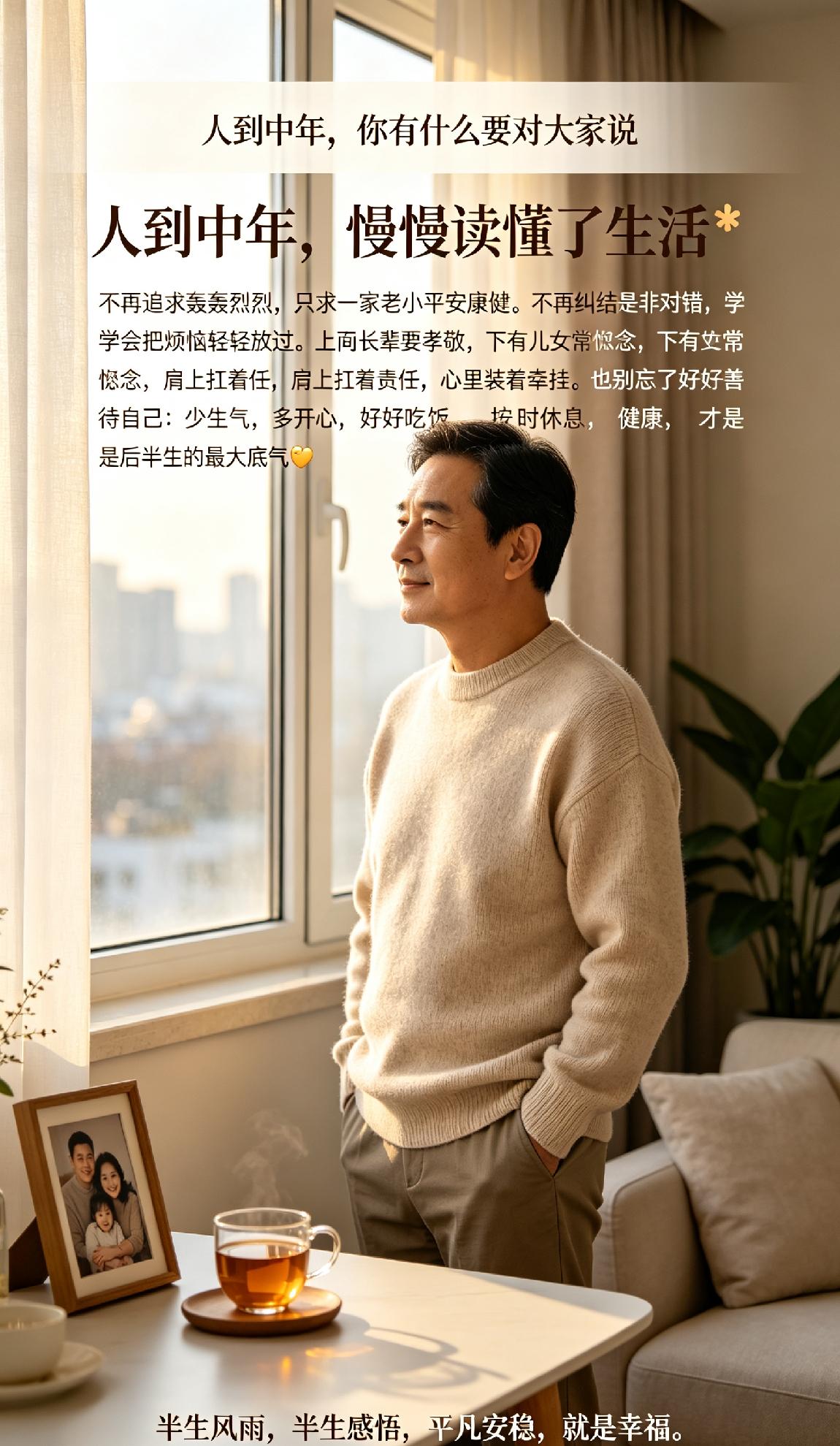 人到中年，慢慢读懂了生活✨
 
不再追求轰轰烈烈，
只求一家老小平安康健。
不再