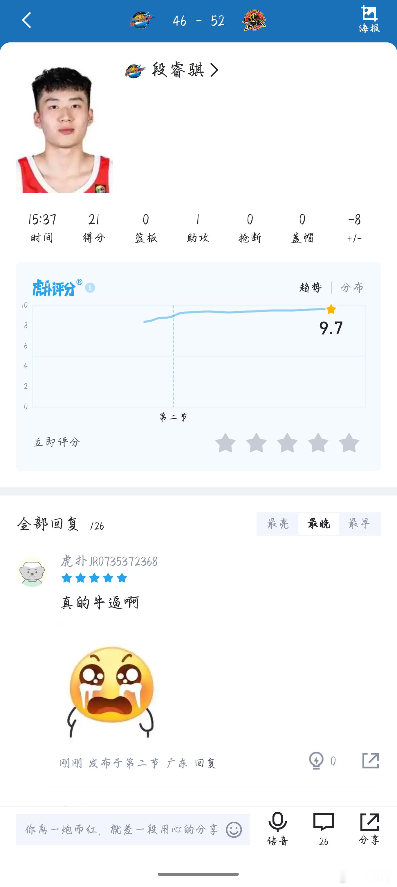 四川男篮vs吉林男篮 今天段氏兄弟对决，段睿骐半场21分，表现很优异，四川目前落