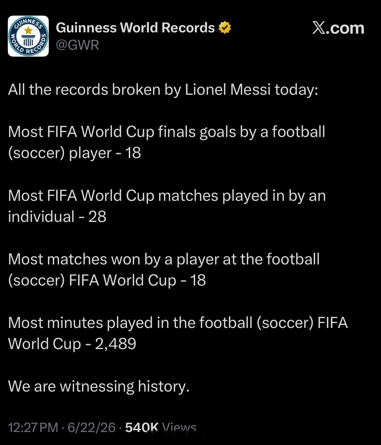 吉尼斯世界纪录发文：梅西今天打破的纪录包括：在FIFA世界杯决赛阶段最多进球：1