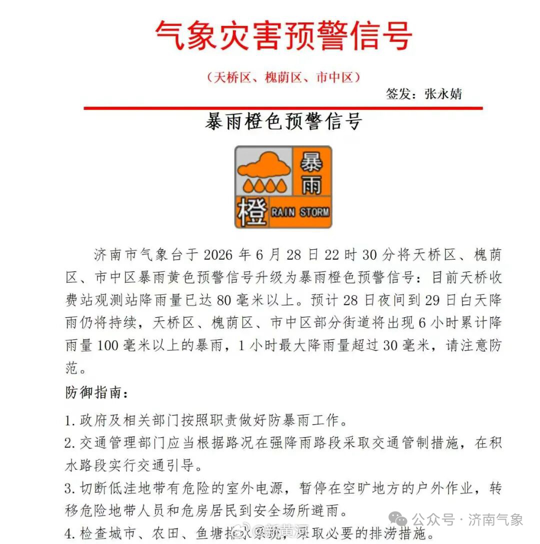 【注意防范！#济南3区发暴雨橙色预警信号#】济南市气象台于2026年6月28日2