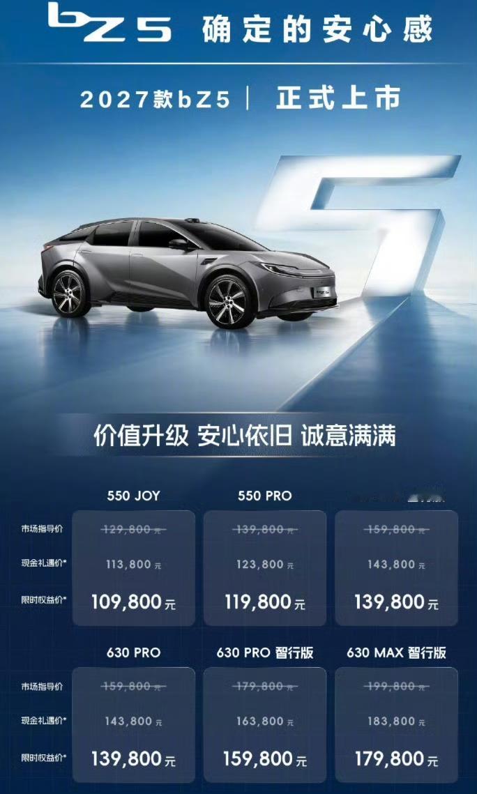 一汽丰田2027款bZ5正式上市了，这次一共6款配置，指导价12.98万起，限时