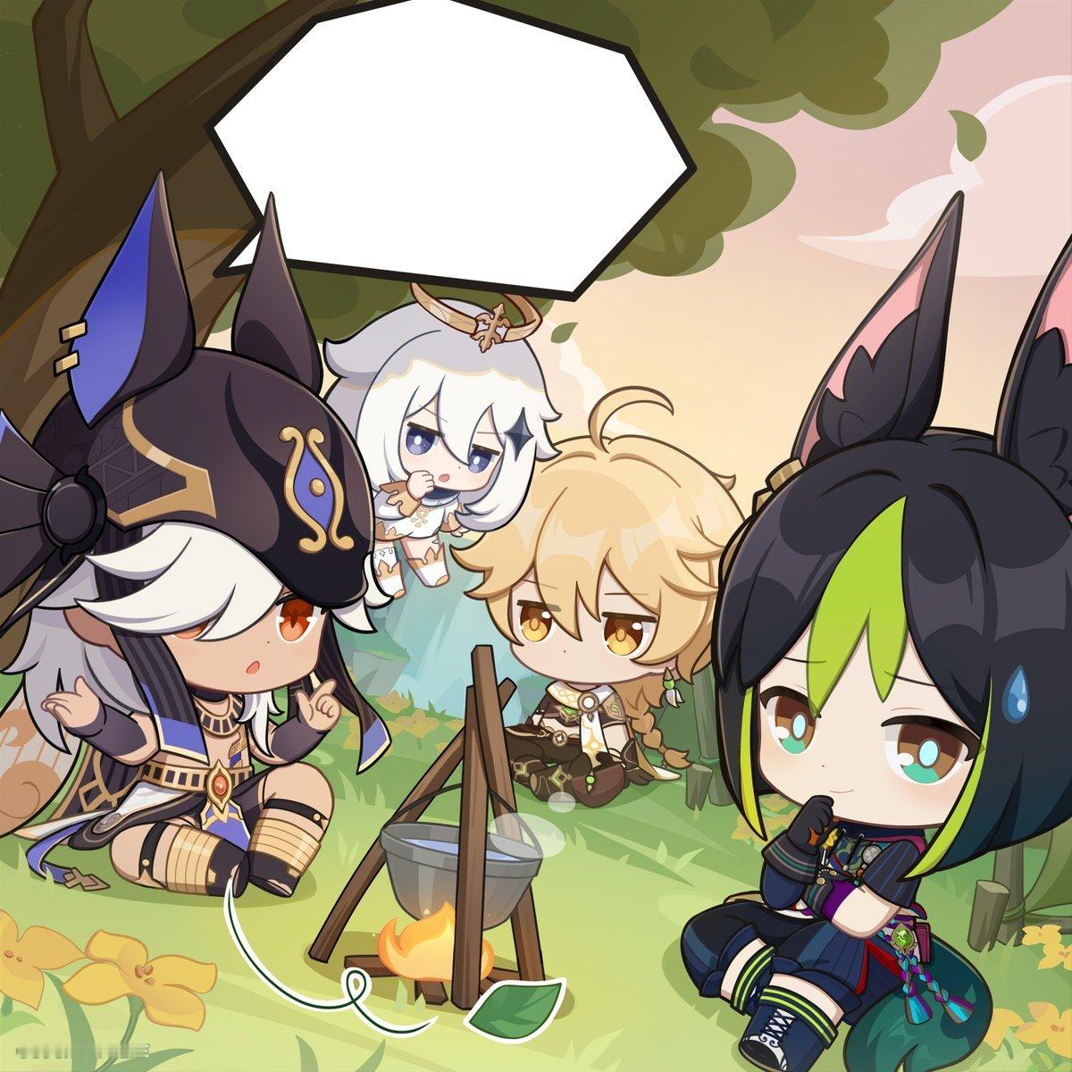 #原神[超话]# 外服赛诺趣味分享活动，旅行者们在营地休息，坐在一起聊起了天，此
