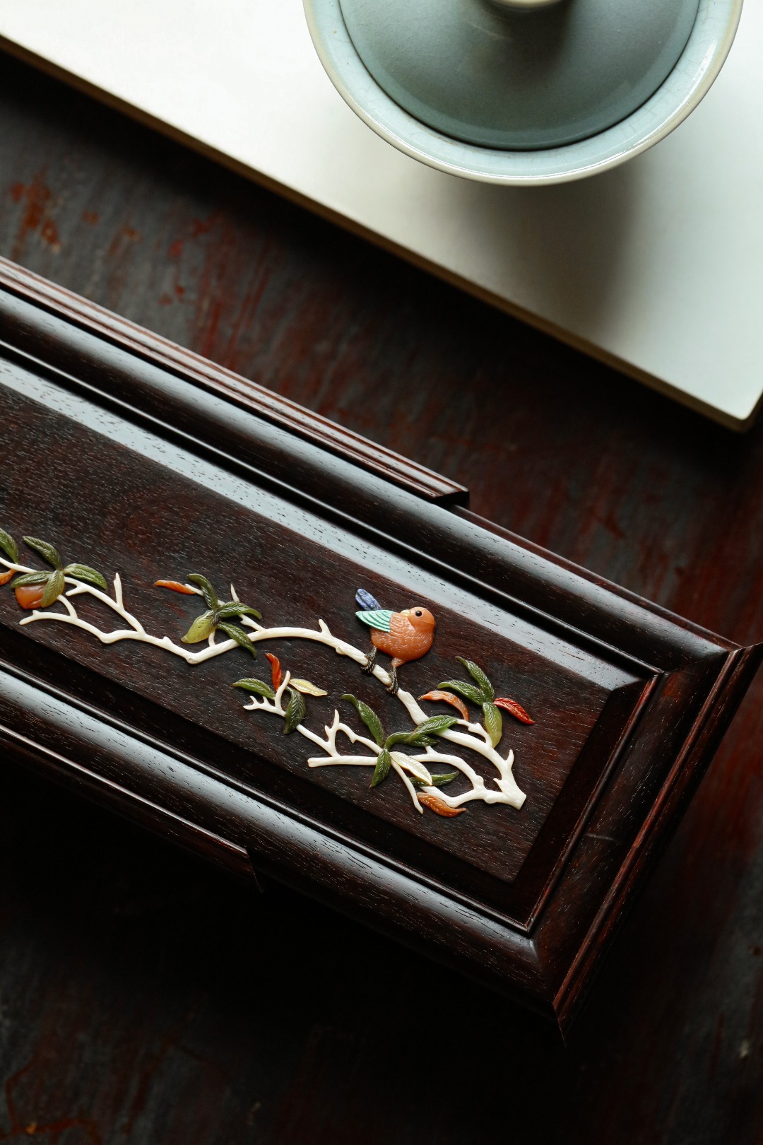 紫檀x百宝嵌【富贵有喜】抽拉盒紫檀老料制，榫卯精工，百宝镶嵌，配色清雅，榫卯扣合