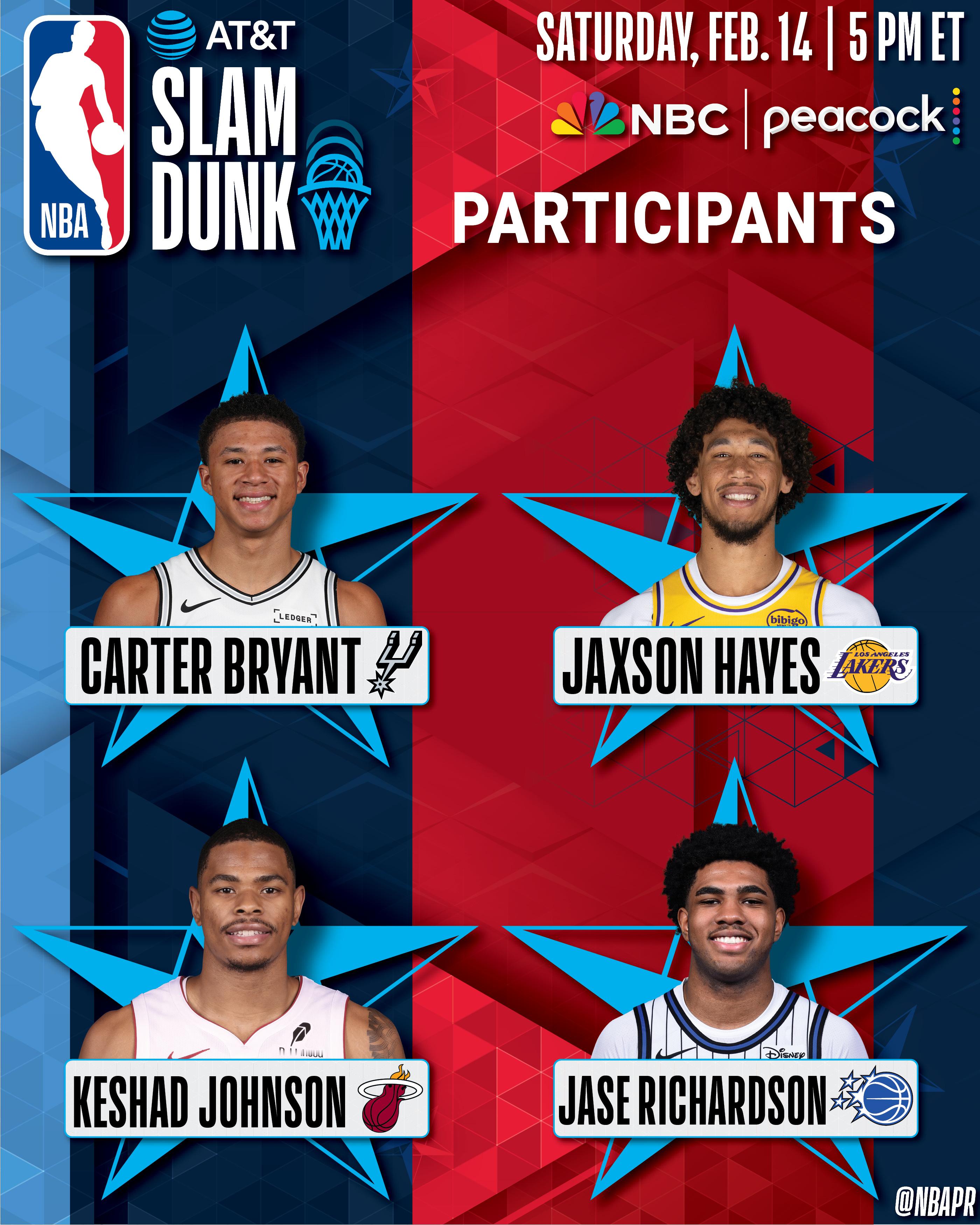 今年的扣篮大赛名单：湖人的海斯、热火的凯沙德-约翰逊、马刺的卡特-布莱恩特、魔术