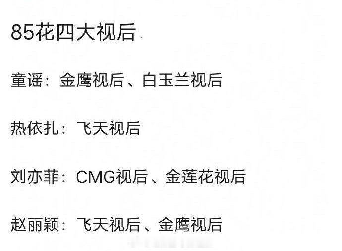 网友总结85花四大视后：童瑶、热依扎、刘亦菲、赵丽颖 