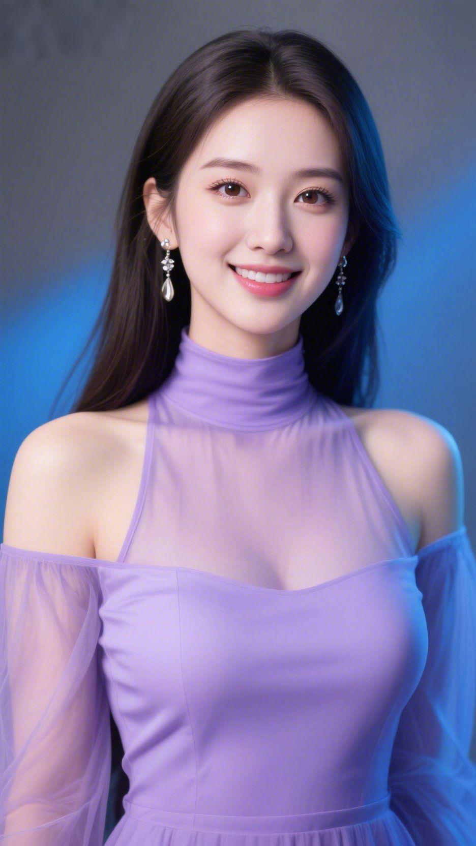 《紫纱裹着的柔蓝光》
 
淡蓝柔光轻覆衣料，浅紫纱裙如浸了雾的春烟——高领衬出舒