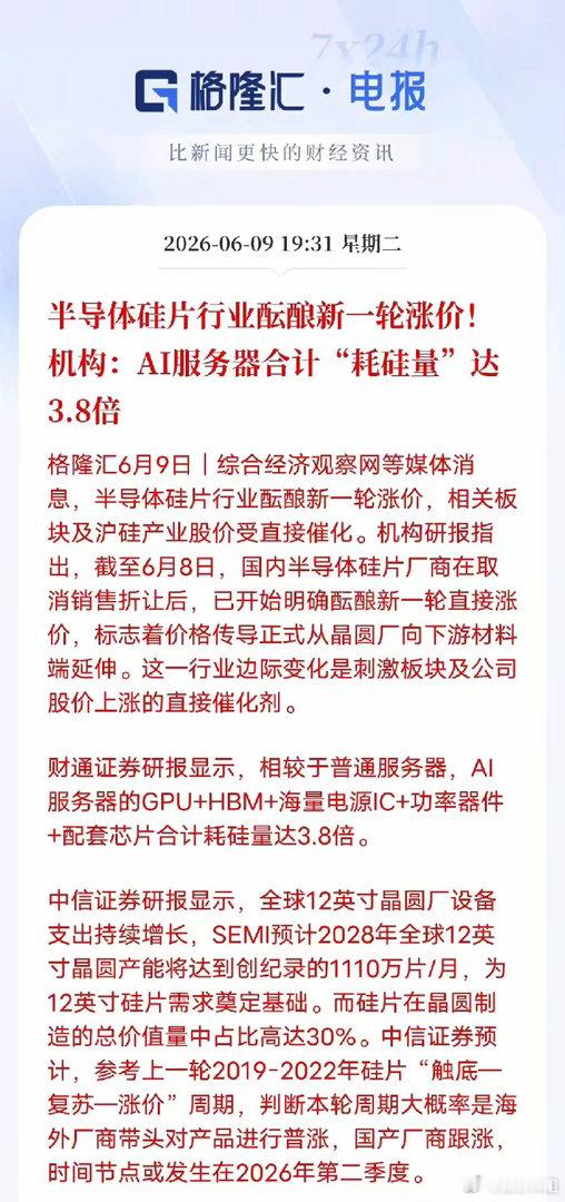 AI引爆硅片革命！涨价潮突袭，国产龙头迎黄金拐点半导体圈传来重磅信号！6月9日消