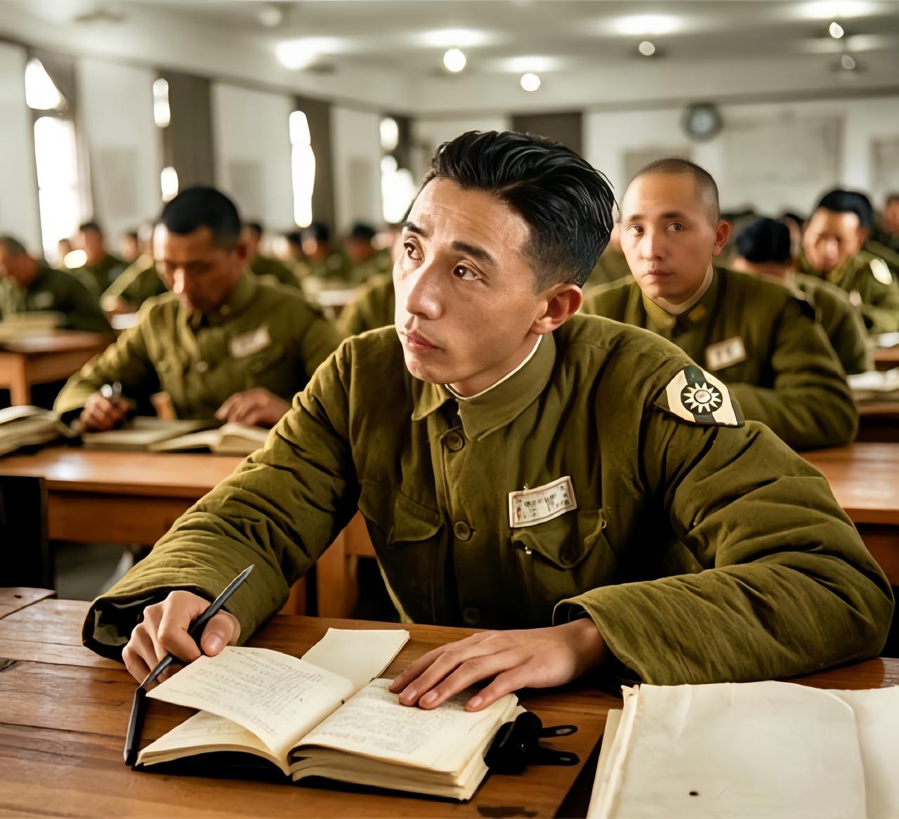 这是1945年云南昆明，黄埔军校第五分校的年轻军官学员在课堂上认真听课。这些军官