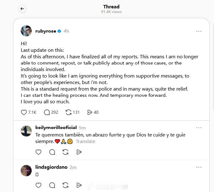 鲁比洛斯已报警  Ruby Rose 今天发文表示她已经向警局报警，今后将进入起