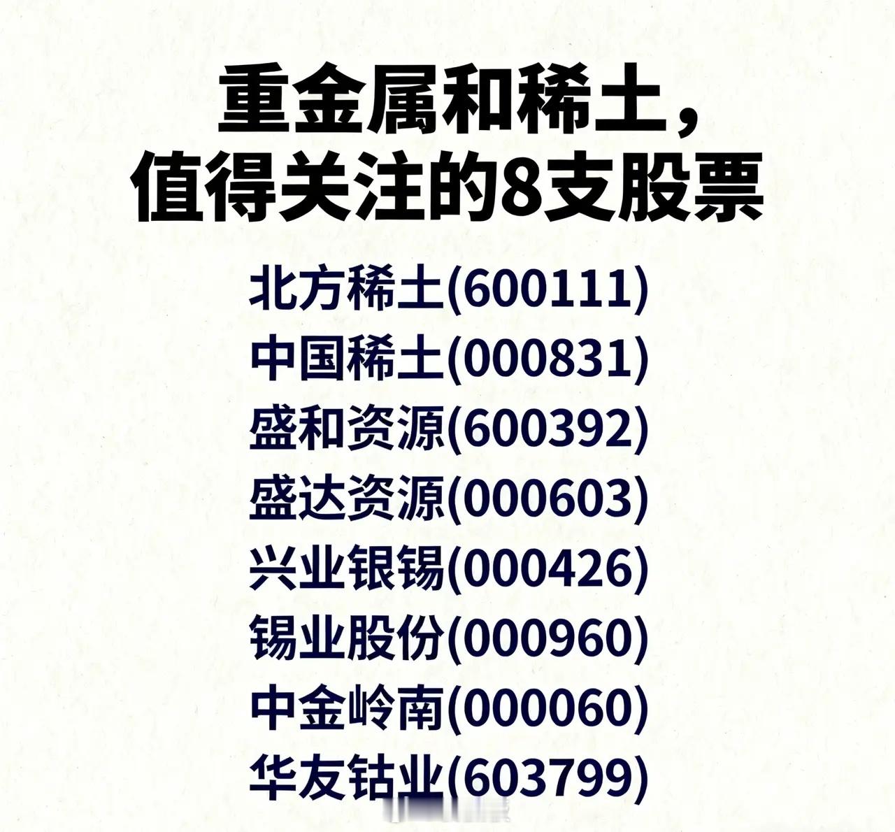 重金属和稀土板块，值得关注的8支股票，具体分析如下：1. 北方稀土：全球最大的轻