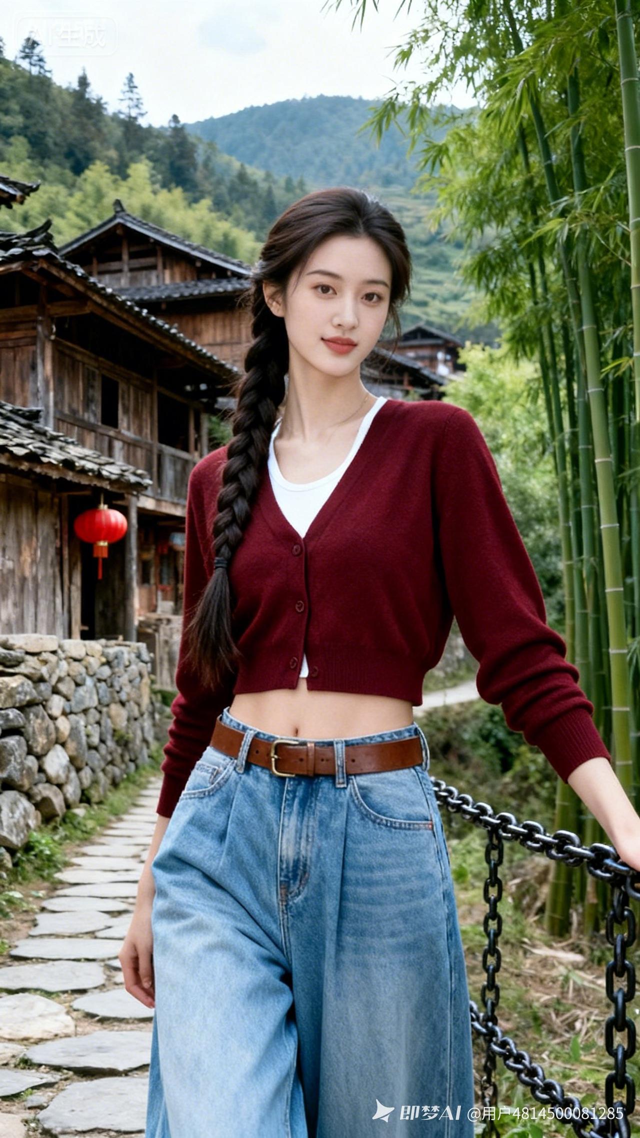 少女单侧棕调麻花辫氛围感十足，冷白皮线条利落。酒红外搭露纤腰，随性伫立于竹林古村