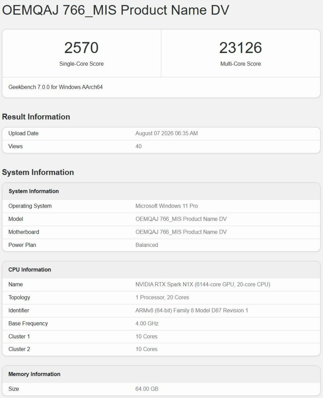 英伟达RTX Spark笔记本跑分首曝：64GB统一内存，对标苹果M4 Max