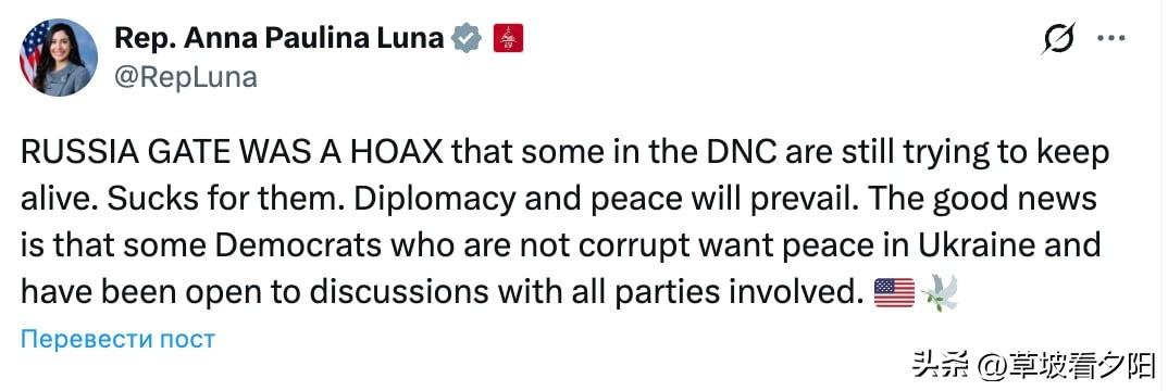 美国众议员安娜·保利娜·卢娜公开表态，称“通俄门”是民主党全国委员会（DNC）部