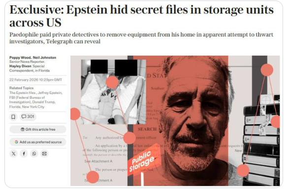 【据《每日电讯报》报道，爱泼斯坦利用美国不同州的六个秘密储物单元，向警方藏匿照片