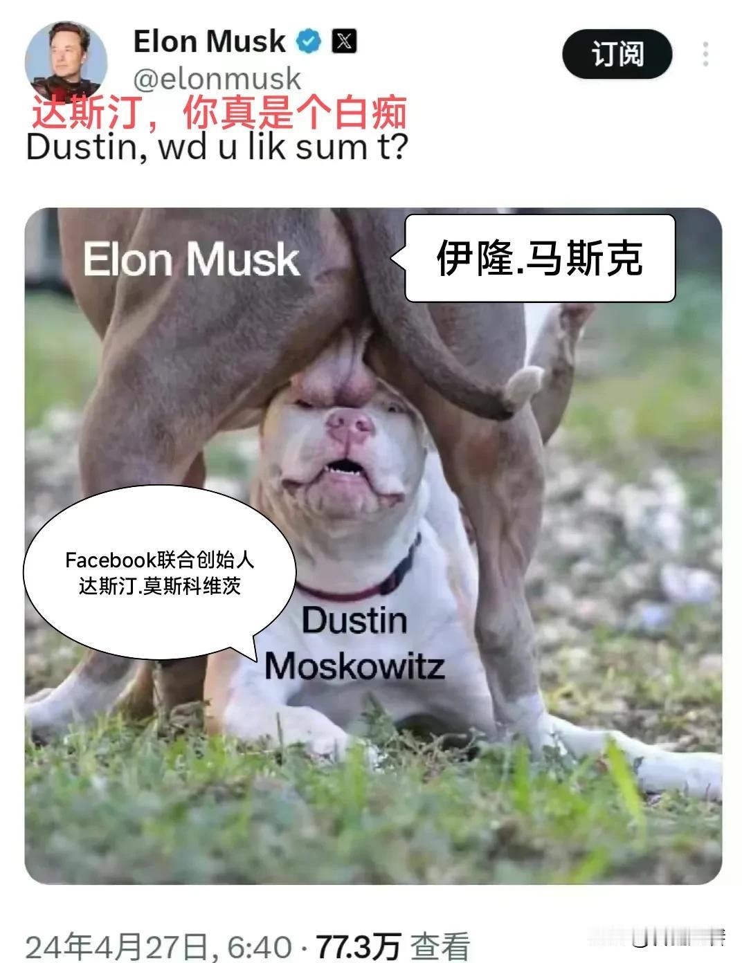 伊隆.马斯克不服就干，将屁股骑在Facebook联合创始人达斯汀.莫斯科维茨的头