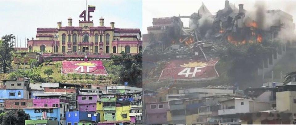 美军突袭委内瑞拉，炸毁查韦斯陵墓前后的照片对比位于加拉加斯的乌戈·查韦斯标志性陵