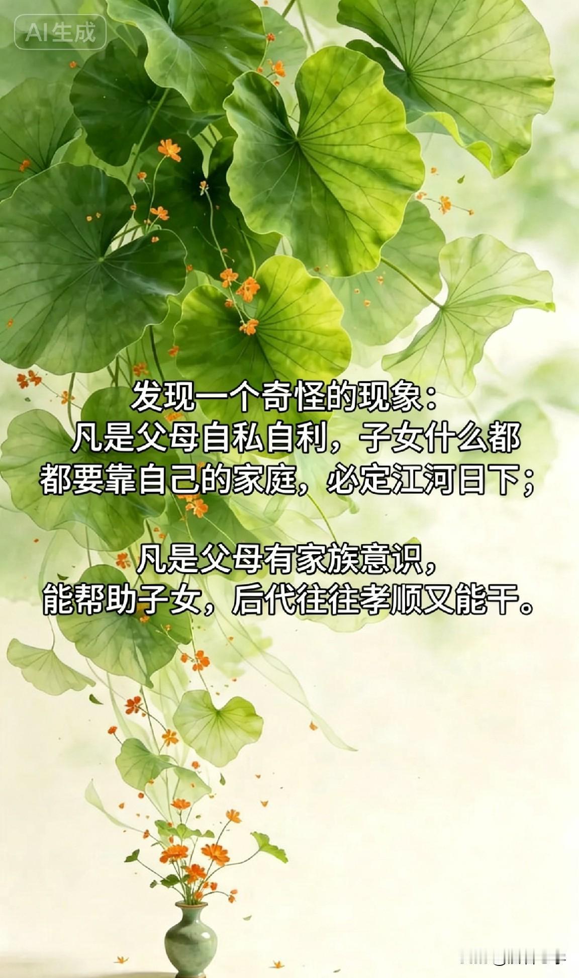 发现一个奇怪的现象：凡是父母自私自利，子女什么都要靠自己的家庭，必定江河日下；凡