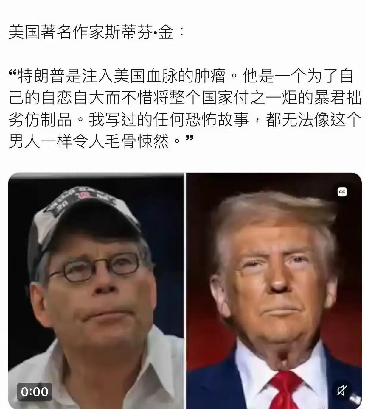 斯蒂芬·金称特朗普是“注入美国血脉的肿瘤”，认为他是一个“为了自己的自恋自大而不
