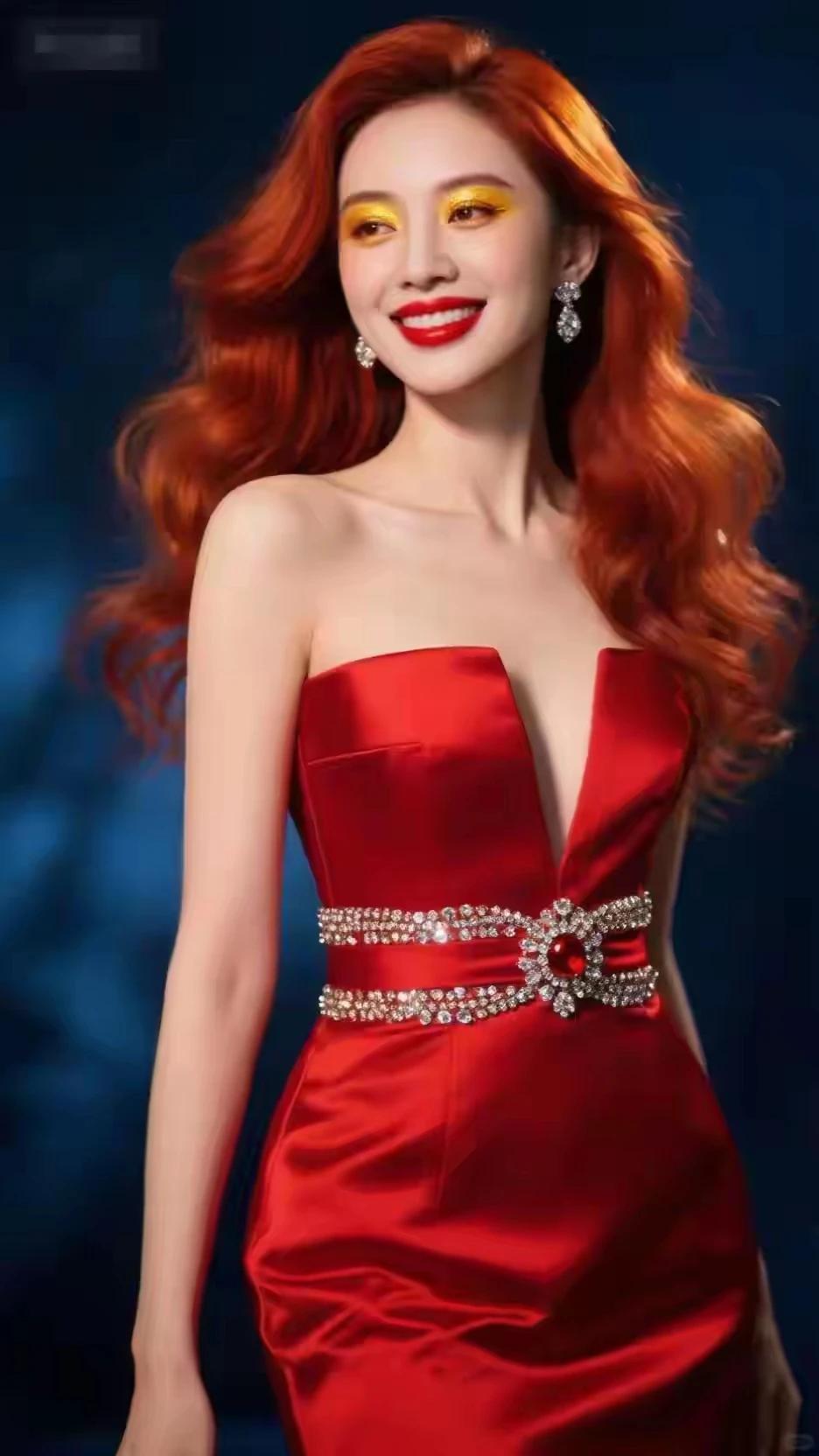 东方佳丽，红衣女郎。
仙姿玉貌，亭亭玉立。
美轮美奂，明艳动人。
朱唇皓齿，樱桃