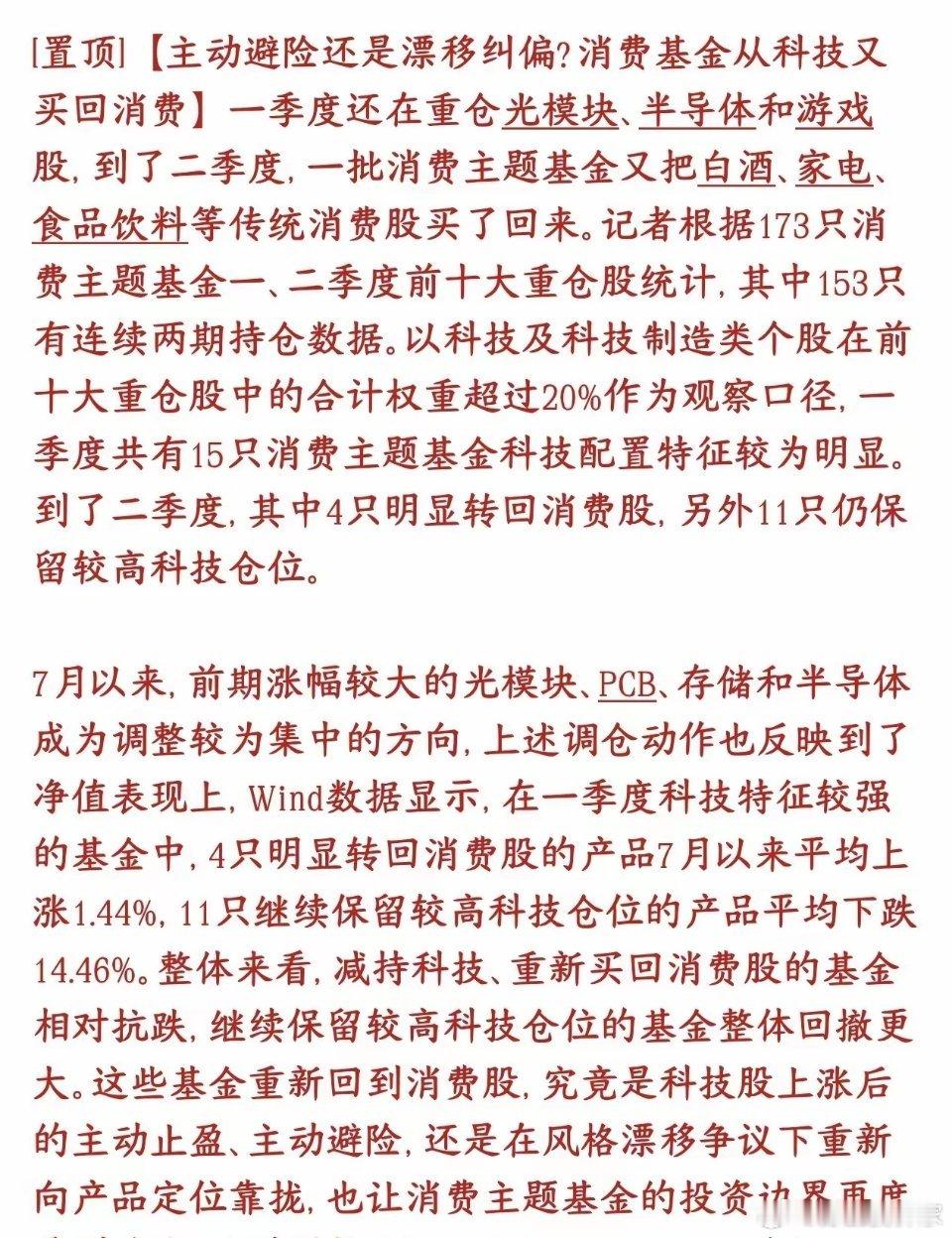 消费要起飞了，漂移的消费基金开始回归消费板块了数据显示，统计153只持续有持仓的