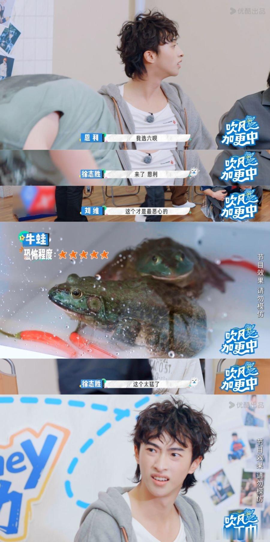 一屋子人凑不齐恩利一个胆子 恩利的勇气管够！蒙眼脚夹牛蛙辣椒毫不含糊，后面的惊吓