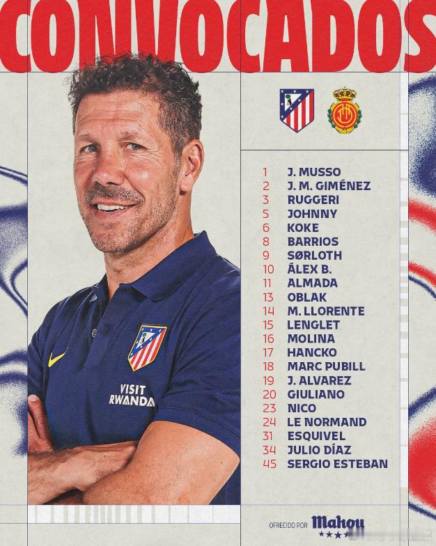 今晚21:00，西甲联赛第21轮，马竞主场迎战皇家马略卡。赛前，马竞公布本轮大名