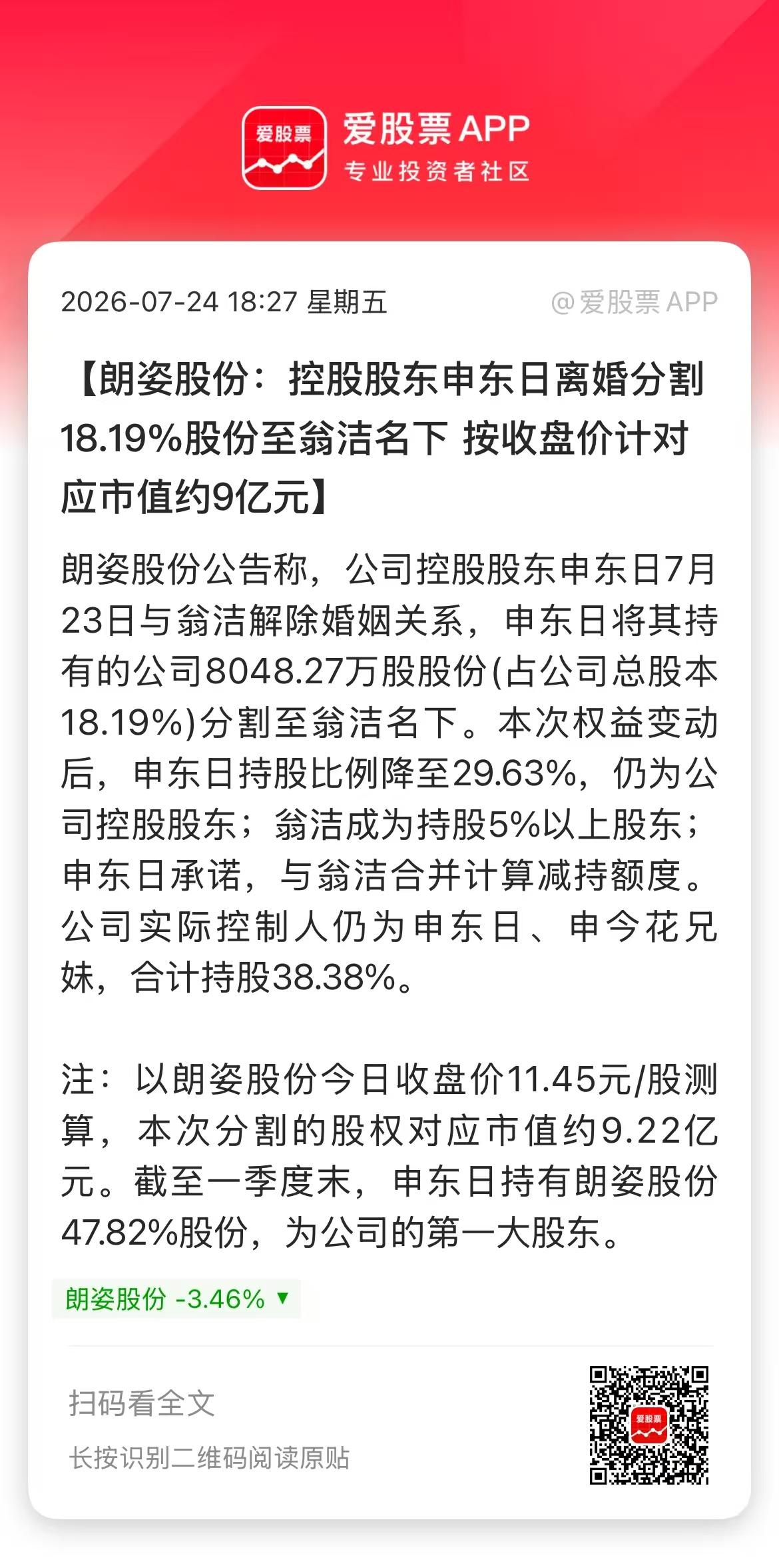 今晚朗姿股份又来天价离婚，女方分走公司总股本18.19%，市值近9.2亿。另外，