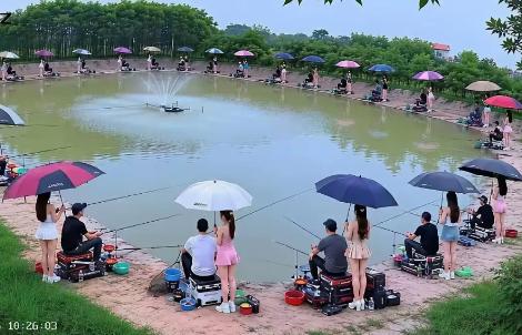 这个钓场老板算是把钓友心思摸透了，放眼整个鱼塘，每位钓鱼大哥身后都站着撑伞的美女