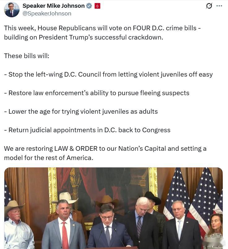 议长约翰逊：本周，众议院共和党人将投票表决四项华盛顿特区犯罪法案，延续特朗普总统