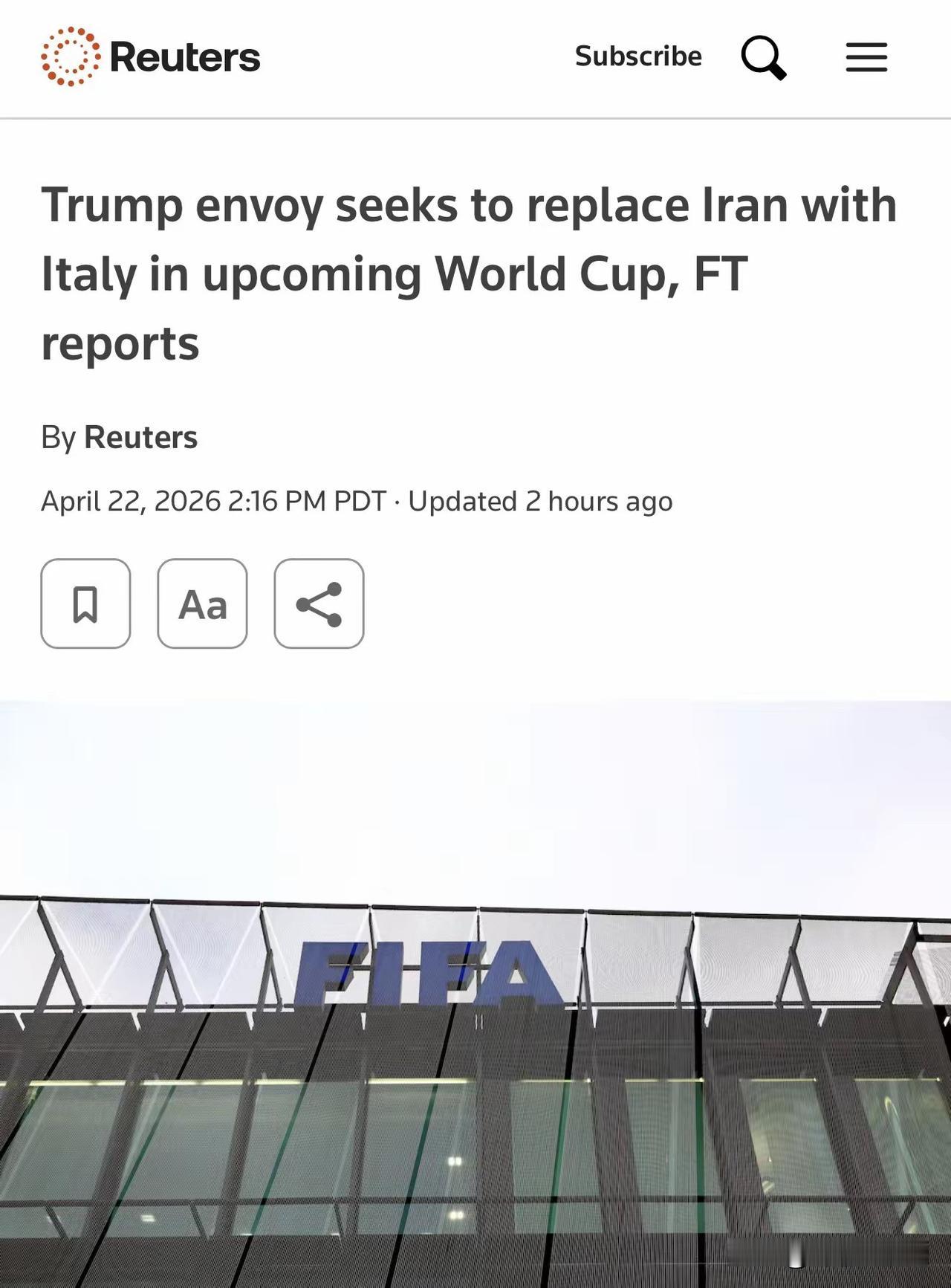 特朗普要求用意大利替代伊朗的世界杯名额

特朗普政府正式照会国际足联，要求本届世