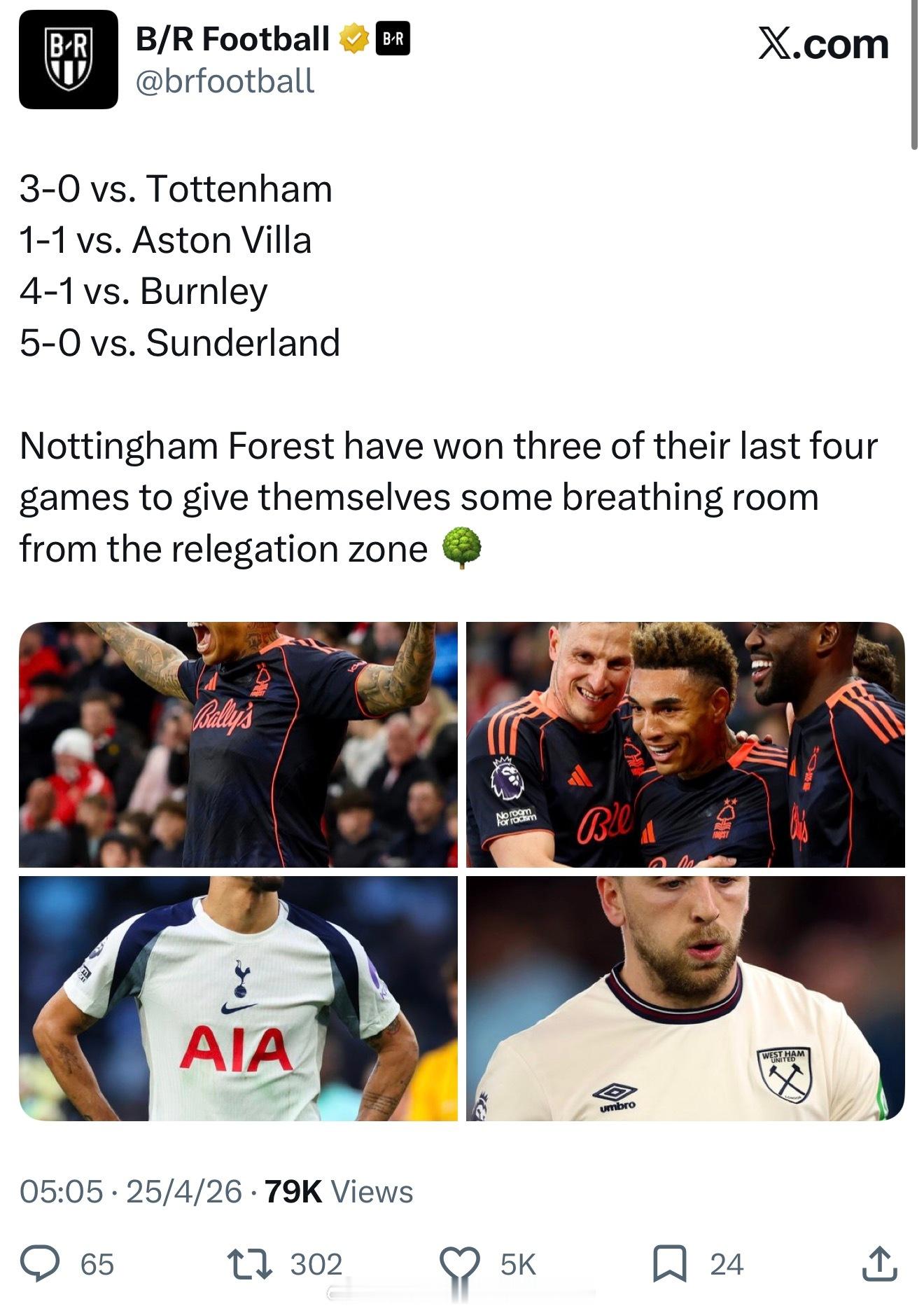 诺丁汉森林是真在为保级而战，昨晚5-0大胜桑德兰，暂时喘息。最近4场比赛3胜1平