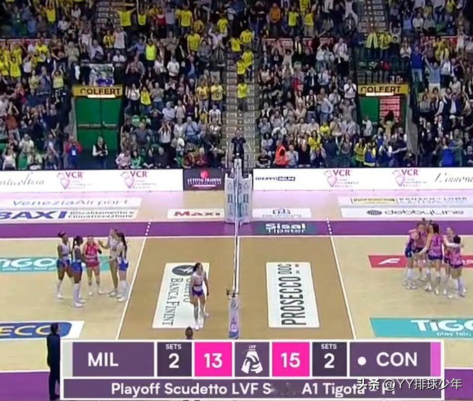 意甲女排金牌战首回合：科内利亚诺3-2险胜米兰 拿下总决赛开门红

北京时间4月