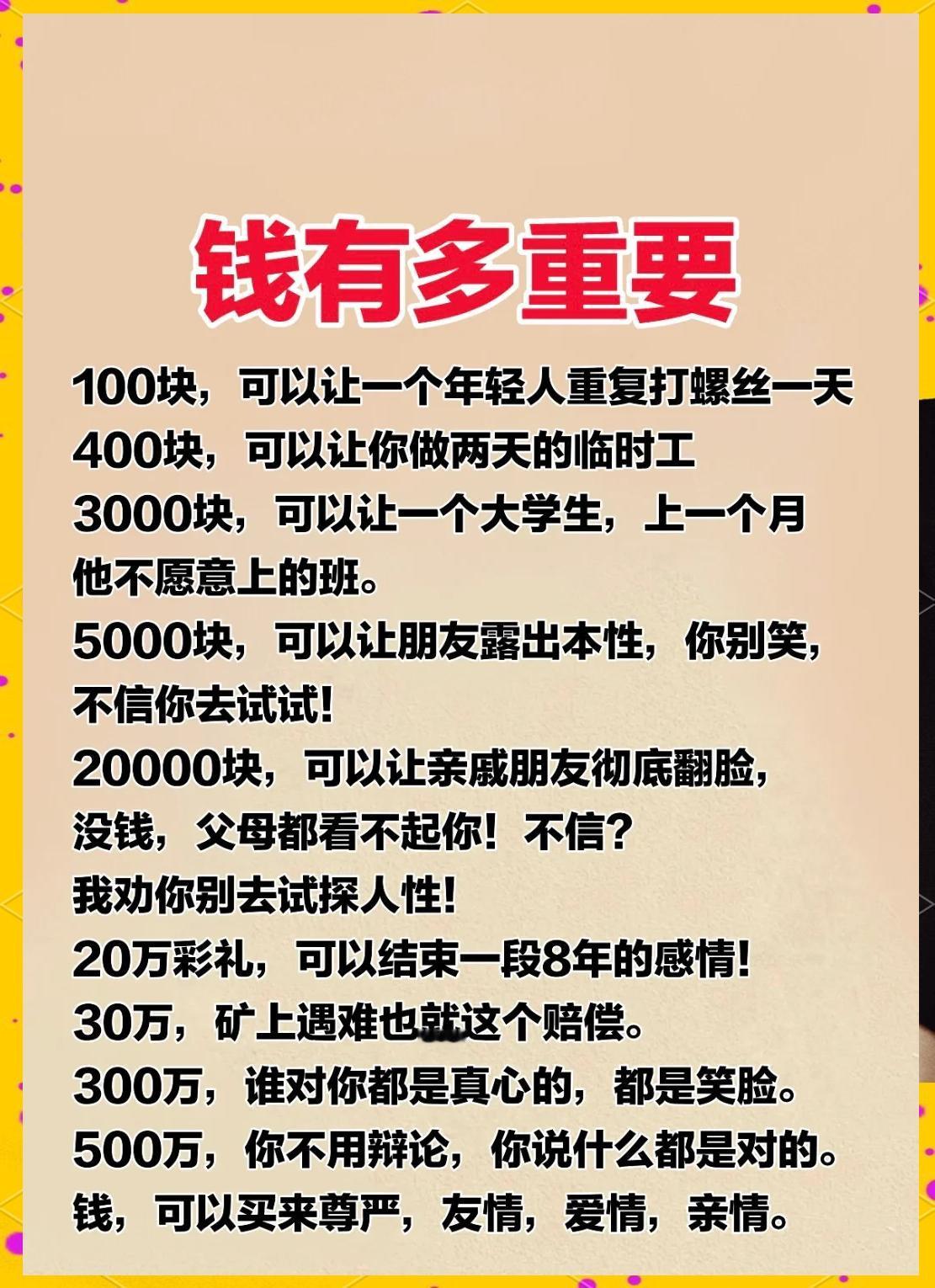 钱的重要性
       钱的重要性不言而喻。生活中，房租、水电、三餐，样样都得