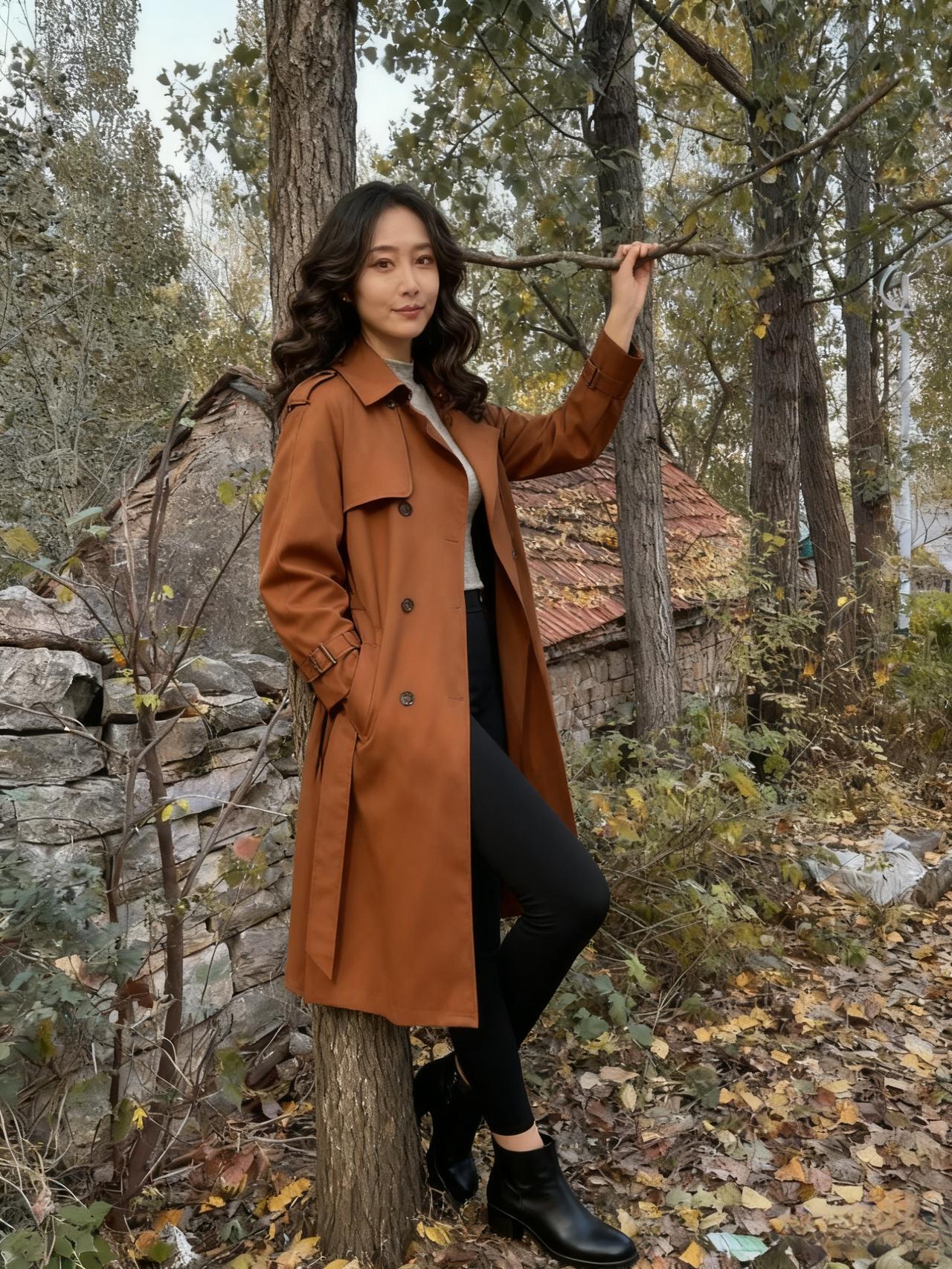 风把树的赭色剥下来
缝成她的风衣
石径上的霜叶
是大地写给秋的信
她扶着老枝
像