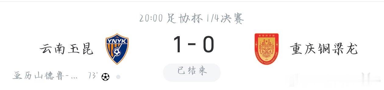 足协杯四分之一决赛，云南玉昆1比0战胜重庆铜梁龙。上半场云南控球明显占优，踢得更