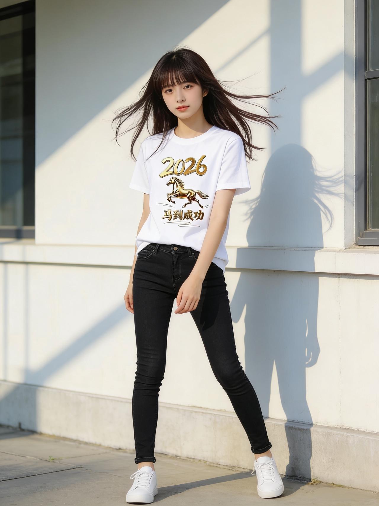 阳光明媚，女孩穿着2026马到成功的T恤。时尚穿搭 时尚 穿搭 马到成功t恤
