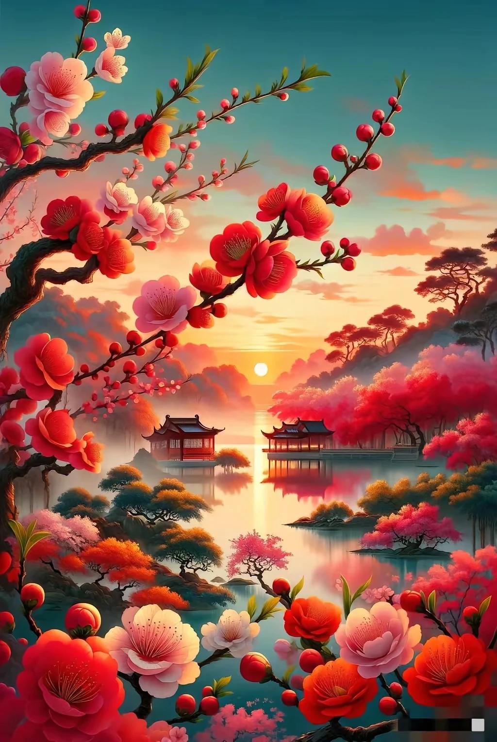瞧这上联“晚照临风万岭悠”，意境悠悠～  
下联“晨曦微露万山红”，色彩与氛围都