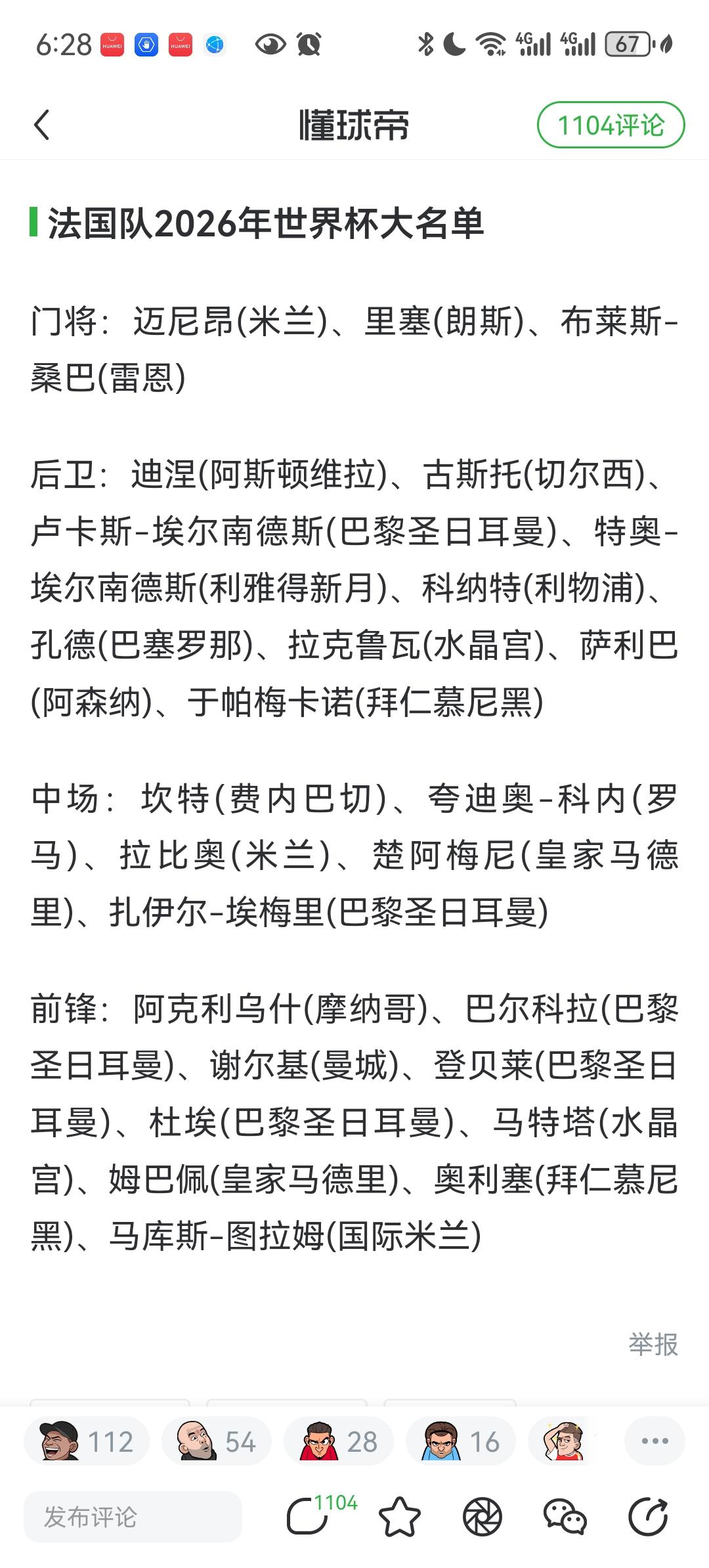世界杯夺冠大热门法国队正式宣布26人大名单！不过这感觉有点头脚重但是腰短。
法国