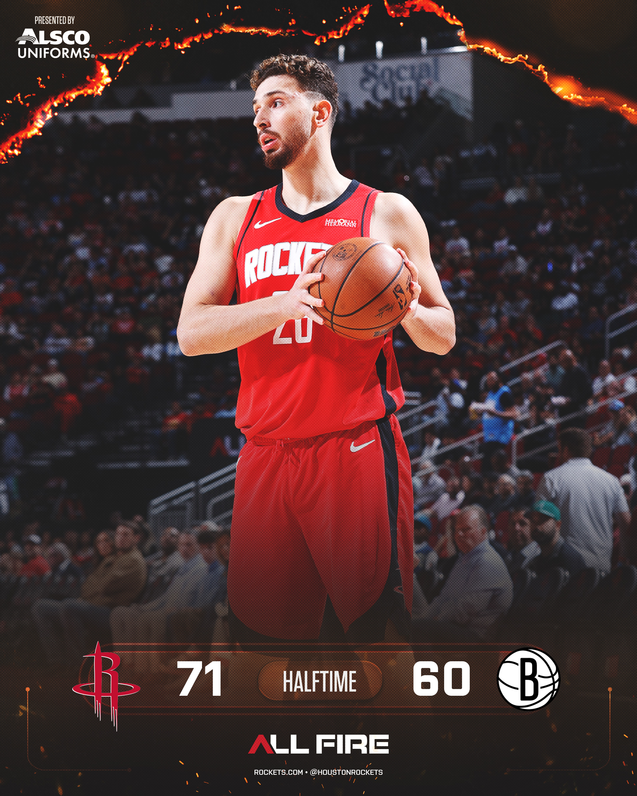 篮网vs火箭 火箭半场领先篮网11分，伊森大爆发，投篮9中7，三分球6中5，砍2