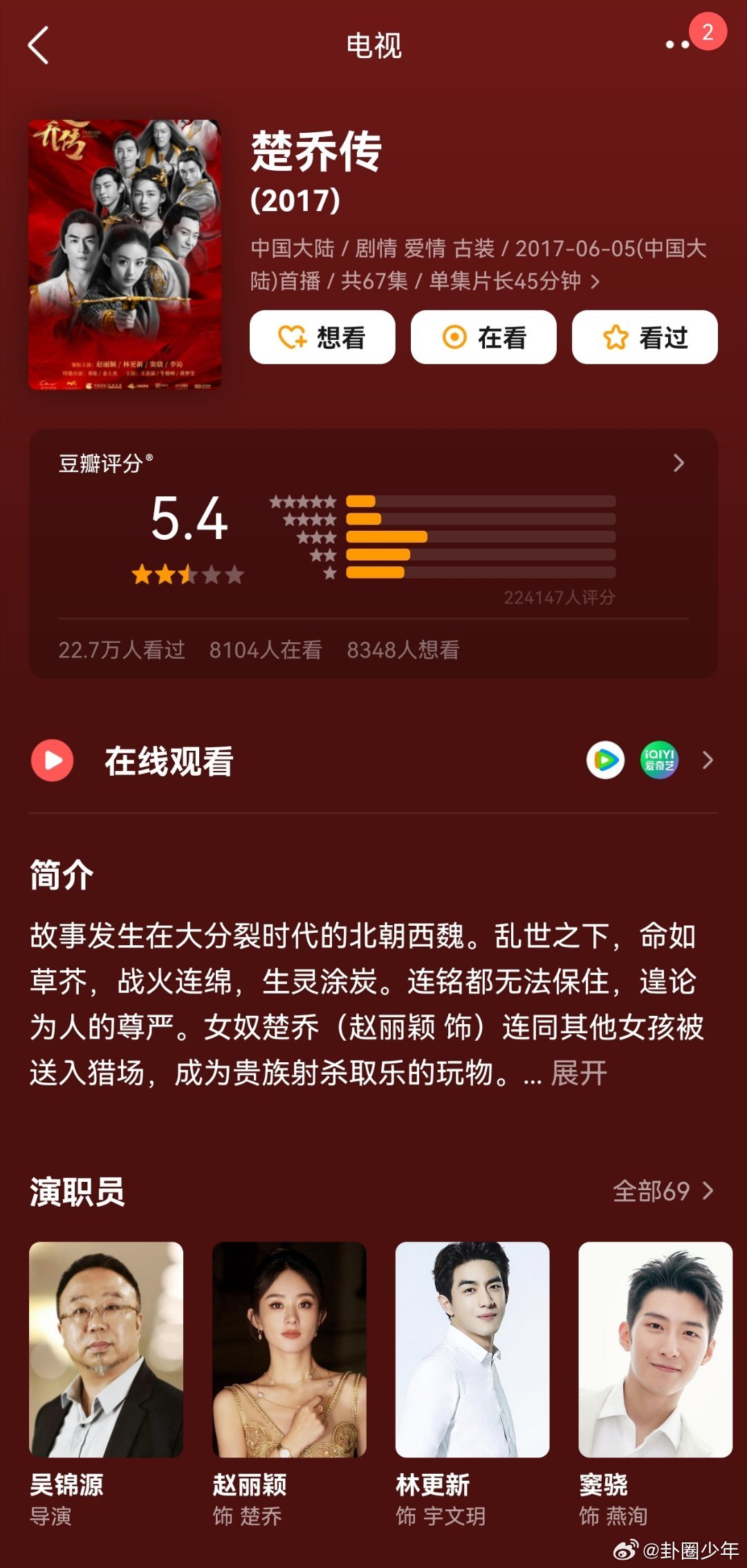 冰湖重生没楚乔传分高楚乔传5.4冰湖重生3.2同样是冰湖名梗改编，两部剧豆瓣分数