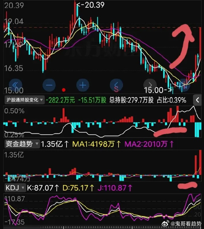 实图看趋势，这家公司股价在启动前，北上资金净流入大约买了300万股，价格在15.