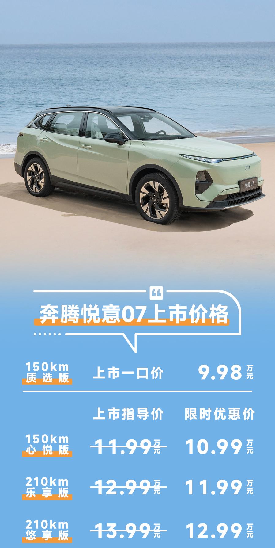 一汽奔腾悦意07上市：9.98万-12.99万。长4745，宽1880，高171