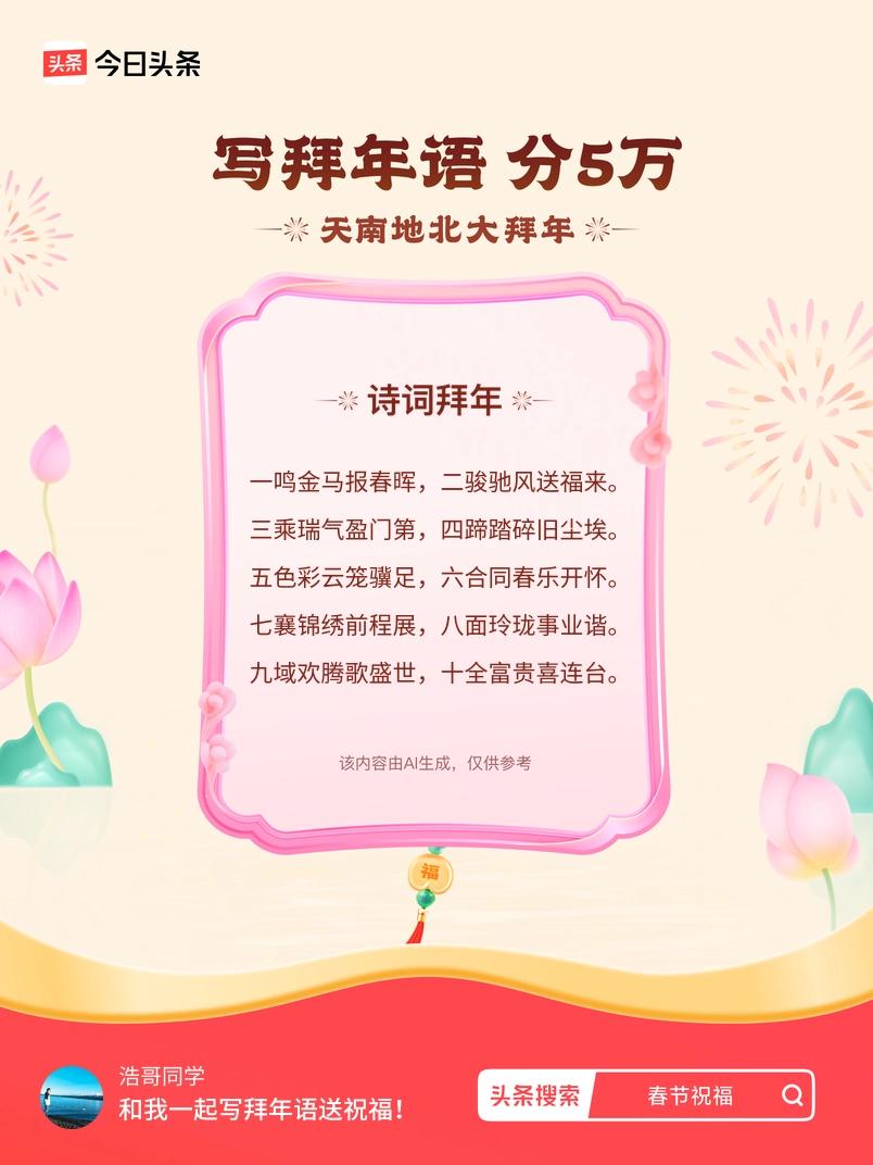 写拜年语送祝福新春拜年送祝福！我的祝福是：“一鸣金马报春晖，二骏驰风送福来。三乘