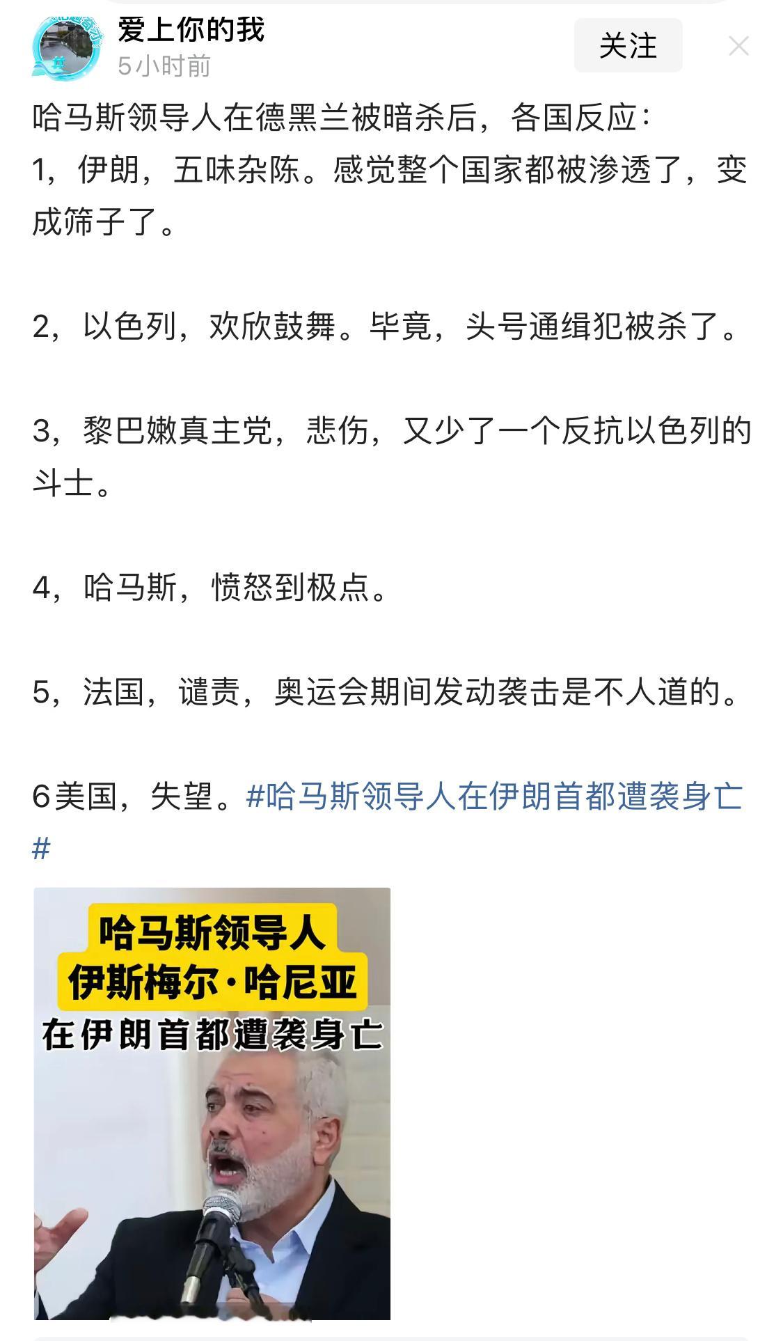 哈马斯领导人出事后，各国反应 ​​​