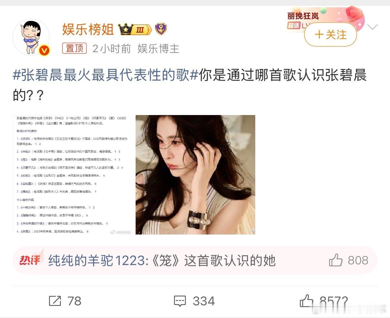 张碧晨最火最具代表性的歌通过哪首歌认识的，这个好像没有，最开始认识到这个人，是因
