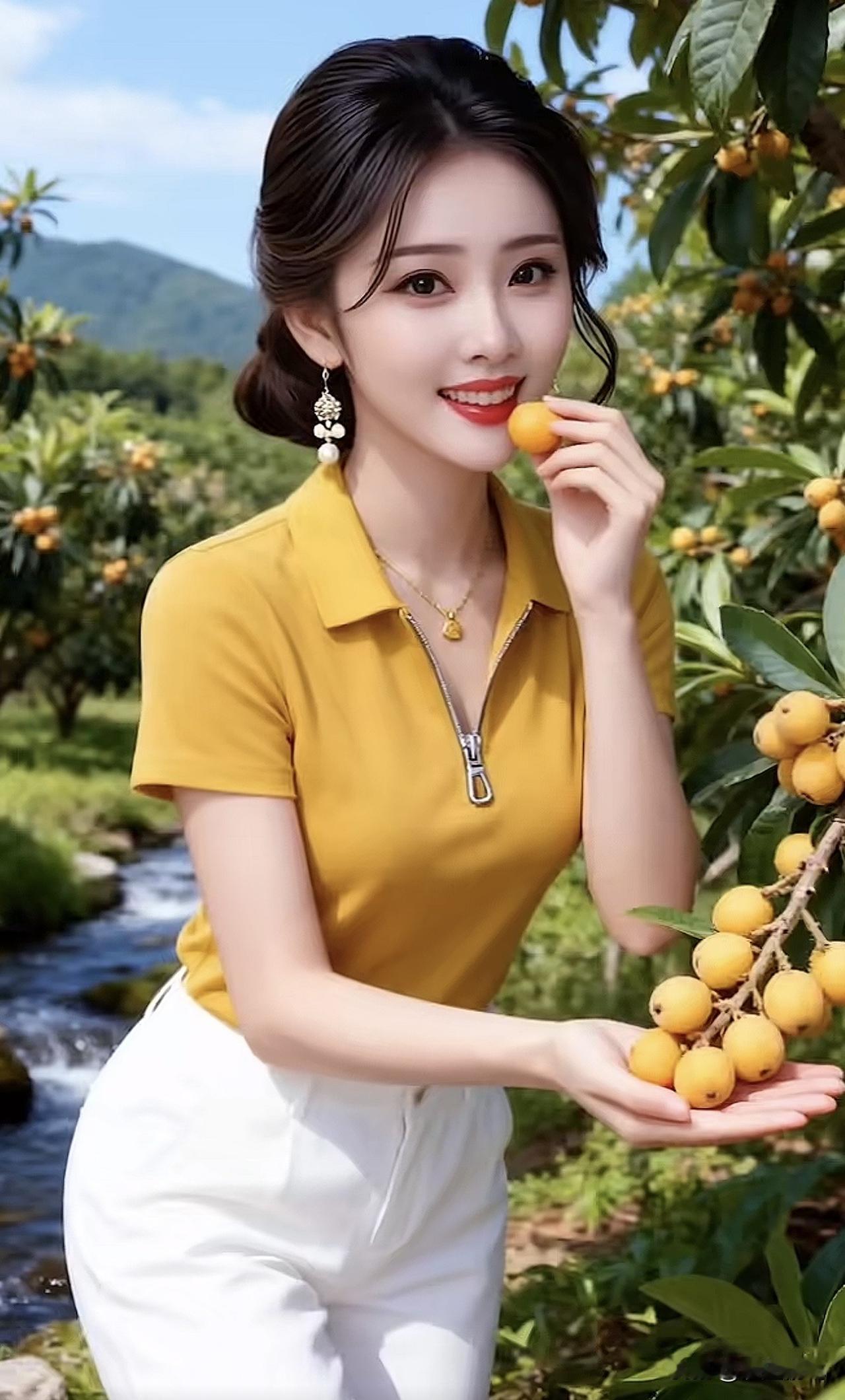 黄衣美人摘金果，笑语盈盈意自闲。黄蕊芳菲边地绽 黄裙美人 黄裙美人 秋红浅笑 秋