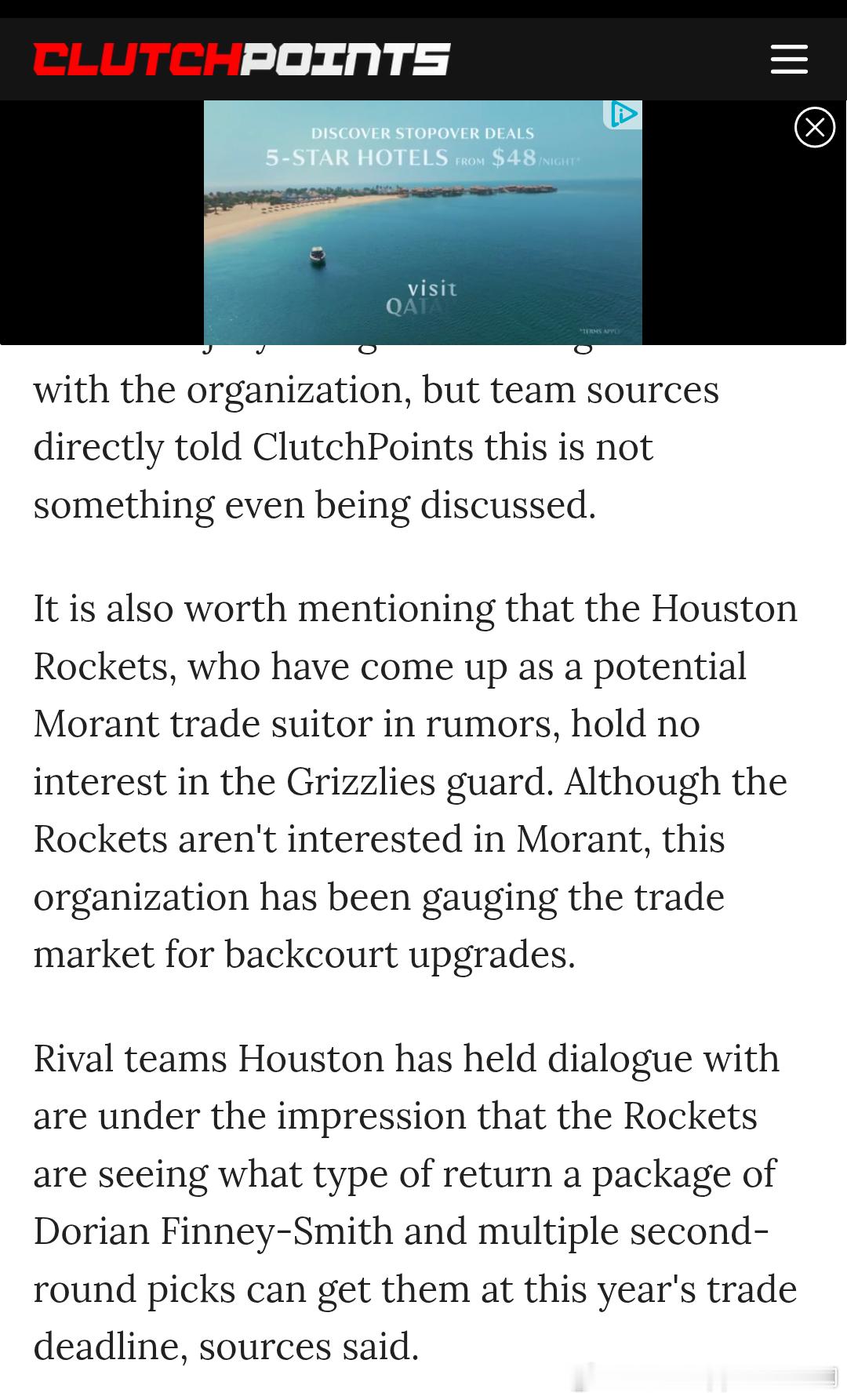 和火箭讨论过交易的球队表示：火箭计划升级后场并正在评估多里安·芬尼-史密斯 + 