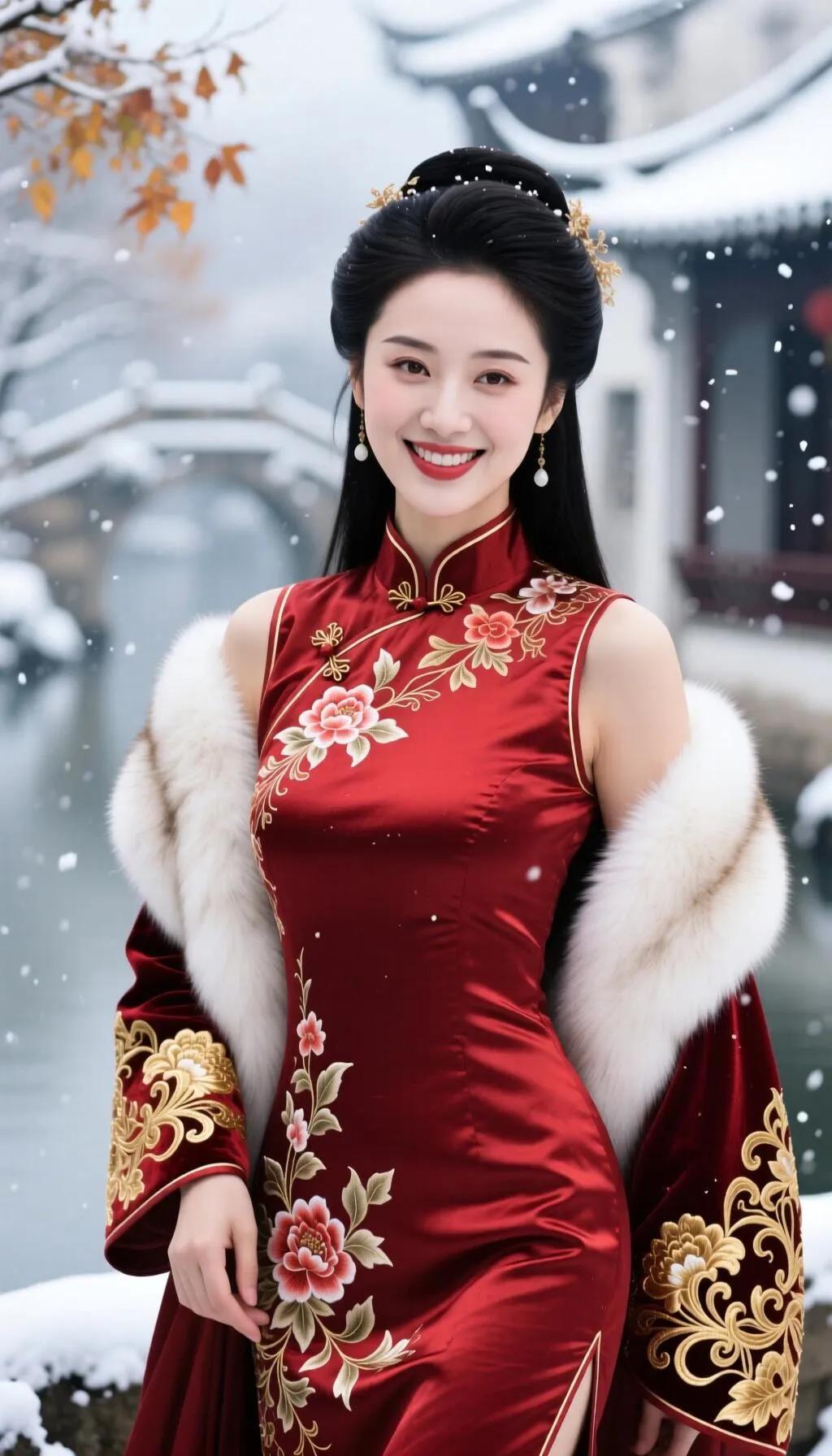 雪中红衣美人，古典与现代的完美融合。